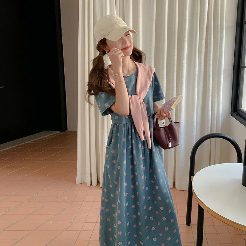 

Retro casual style denim floral shawl evening dress