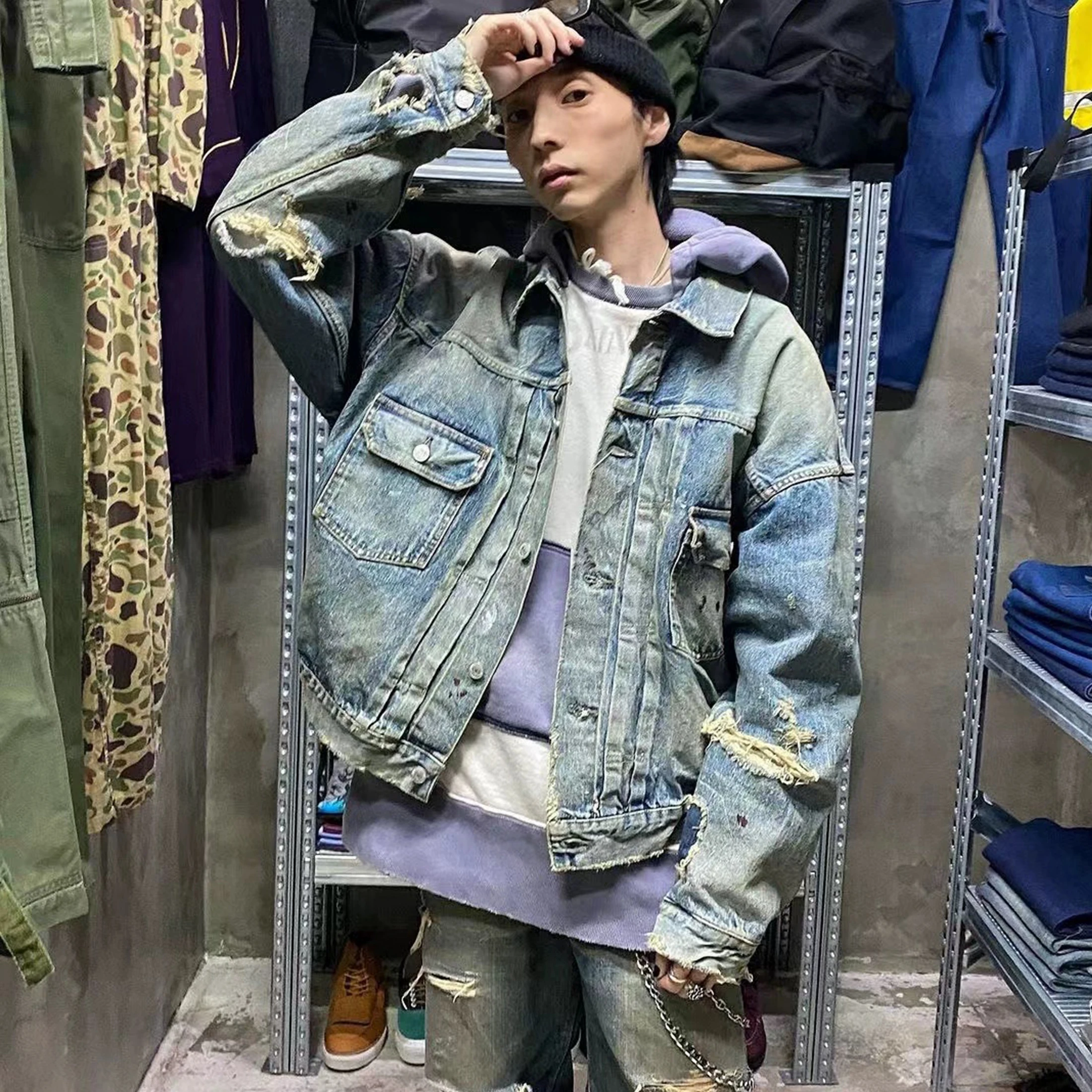 NIGO Men's Spring And Autumn Washed Blue Distressed Vintage Lapel Loose Long Sleeved Denim Jacket Ngvp #nigo7888