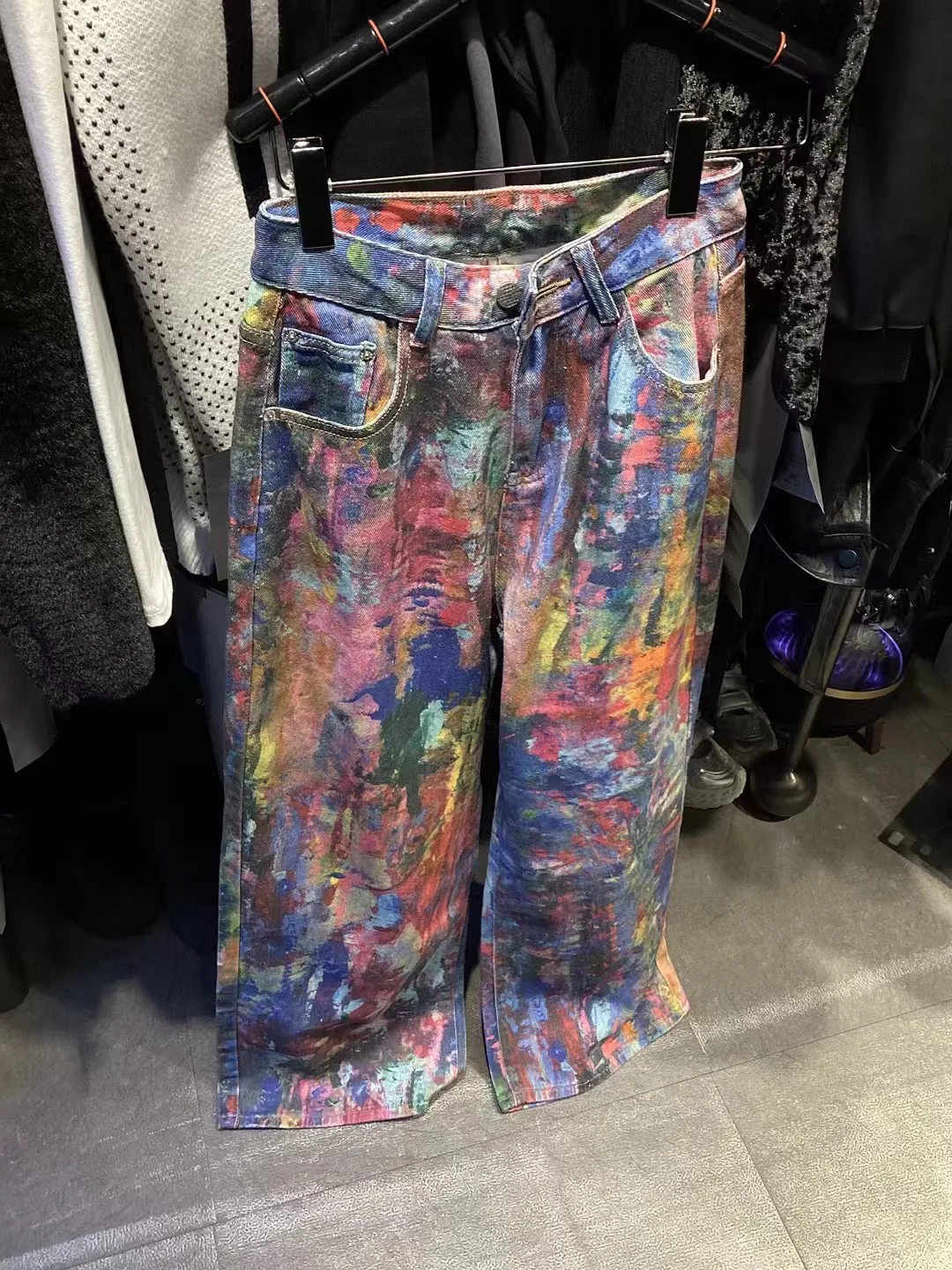 Spring Summer New Sle Street Faion fiti Print High Waist Slim Loose Straight Leg Women's Jeans  Ink Spray