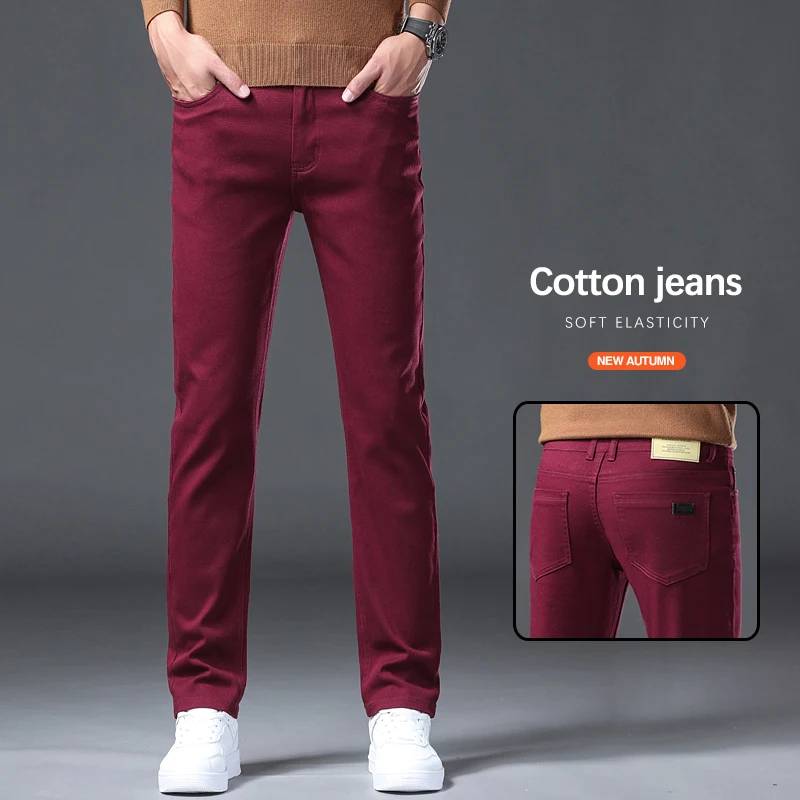

Men's Stretch Cotton Jeans Soft Comfort Fashion Korean Fit Straight Casual Denim Pants Spring Autumn Trousers Black White Red