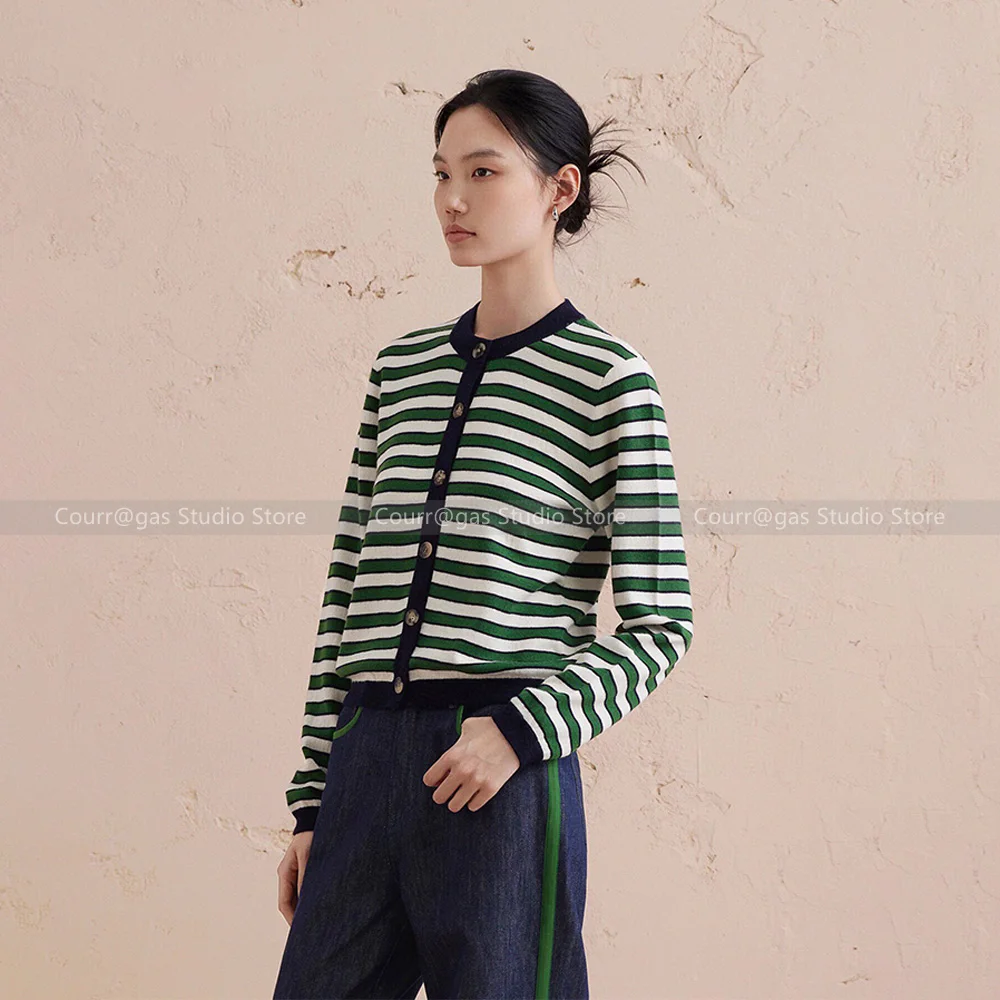 Women's 2024 early autumn new retro round neck collision green and white striped long-sleeved wool plush cardigan