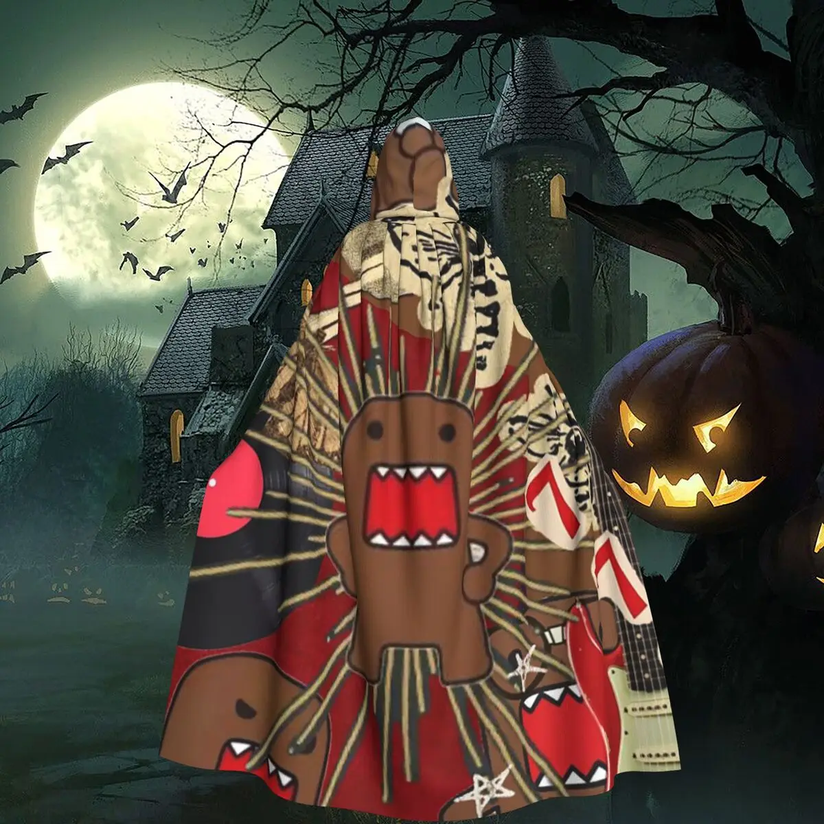 Domo Kun Doll Face Graphic Long Hooded Cloak Witch Medieval Costume Cosplay Cape HalloweenParty Adult Unisex