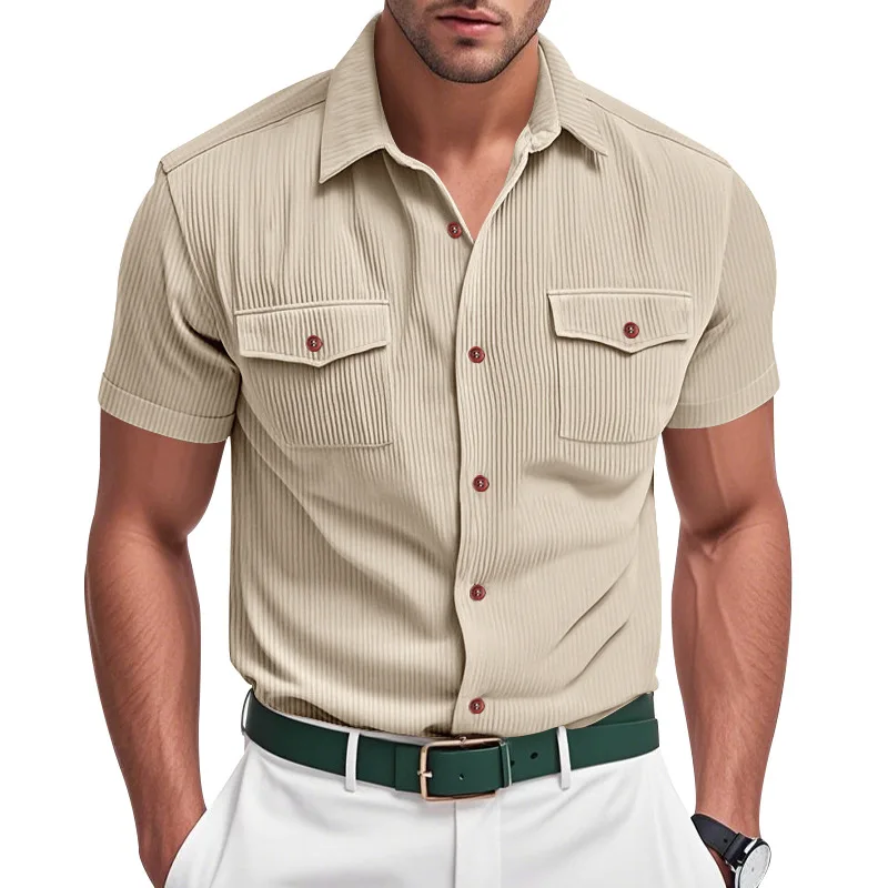 Summer Corduroy Safari Style Shirt Men Solid Multiple Pockets Short Sleeve Smart Casual Shirt Man Turn-Down Collar Daily Blouse