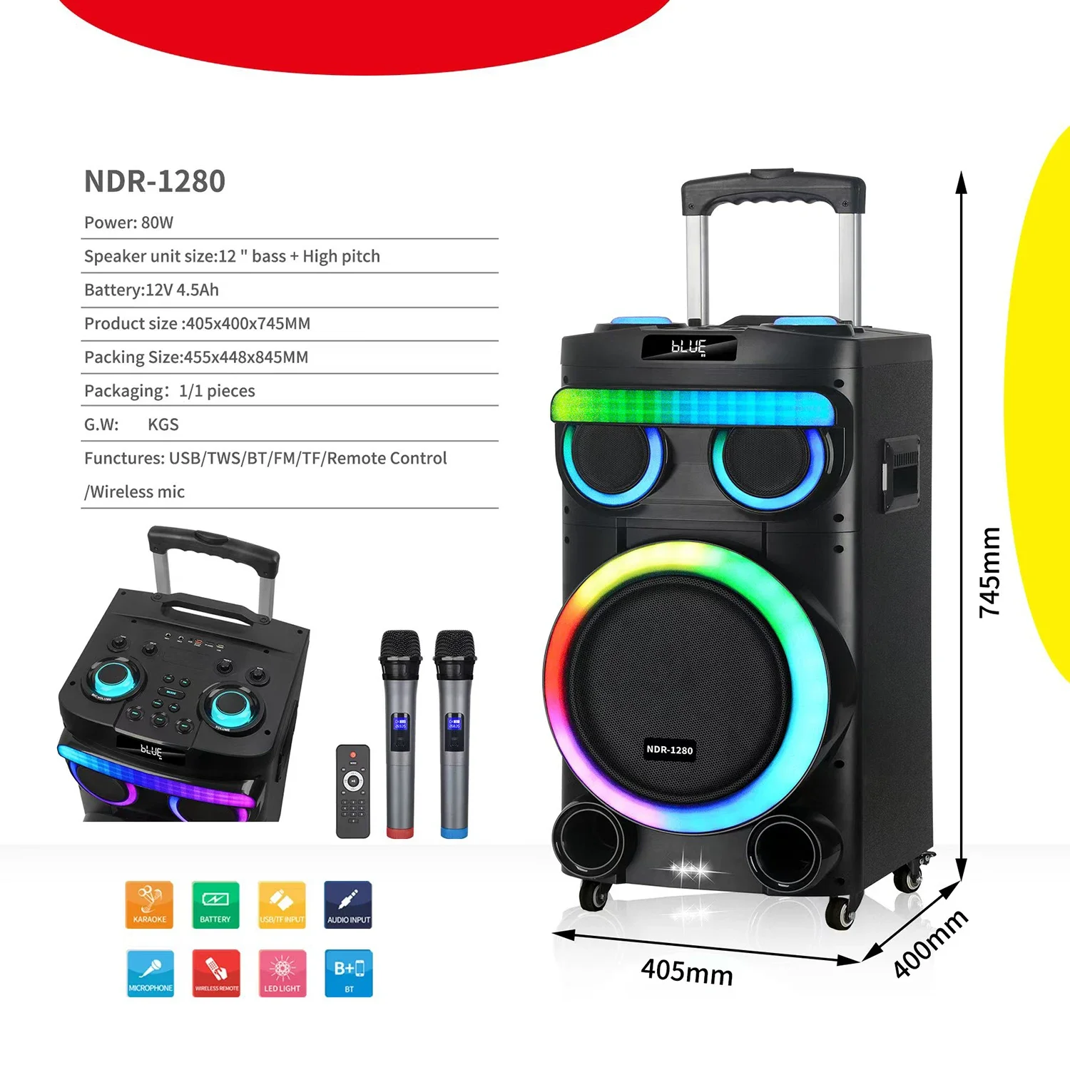 

Беспроводная караоке-колонка NDR-1280 с 12-дюймовым деревянным вуфером, Bluetooth, для танцев, портативная, для улицы, профессиональная, активная, для вечеринок, DJ-колонка