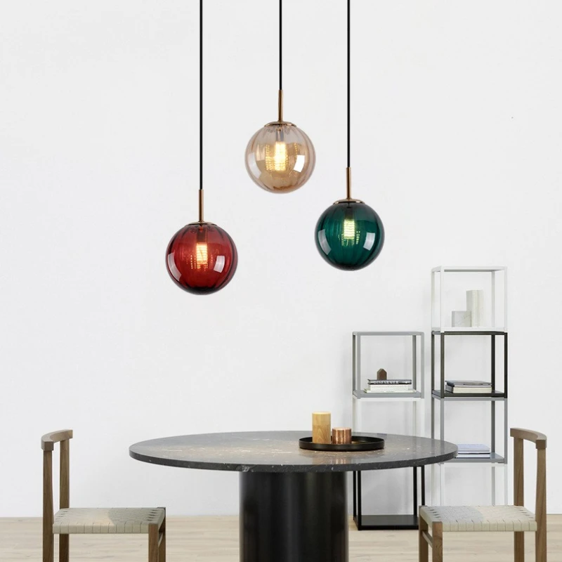 Water Patterned Glass Spherical Pendant Lamp Nordic Postmodern Minimalist Colorful Single Head Dining Room Bedroom Bedside Light