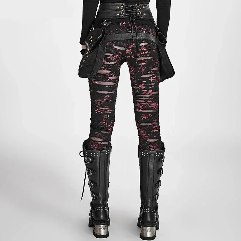 PUNK RAVE-Leggings de malha gótica com buracos para mulheres, crochê, respirável, calças rasgadas, preto, vermelho, charme Steampunk, cintura alta, quebrada, sexy