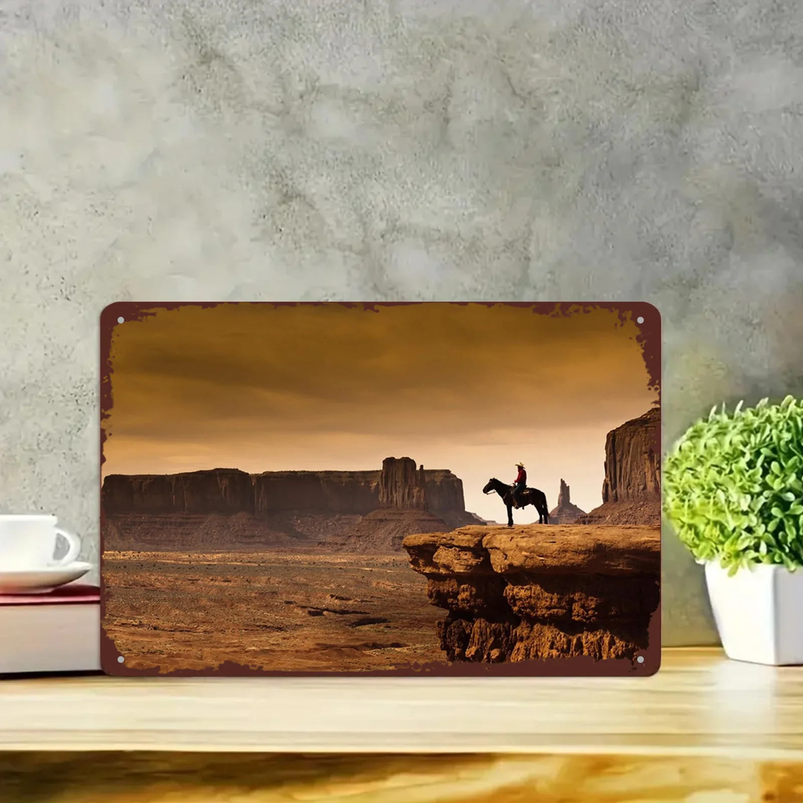 2D plane, western cowboy in the rural west and Indian mountain scenery metal sign - 8X12 inches home wall art decoration