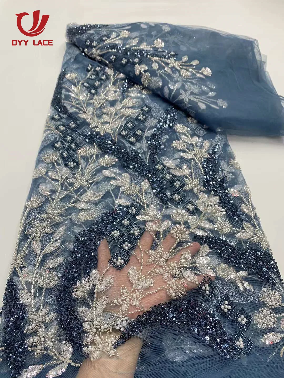 

Hot Sale African Groom Luxury Beaded Tulle Lace Fabric 2025 Nigerian Sequins Pearls Mesh Lace Fabric Bridal Wedding Dresse