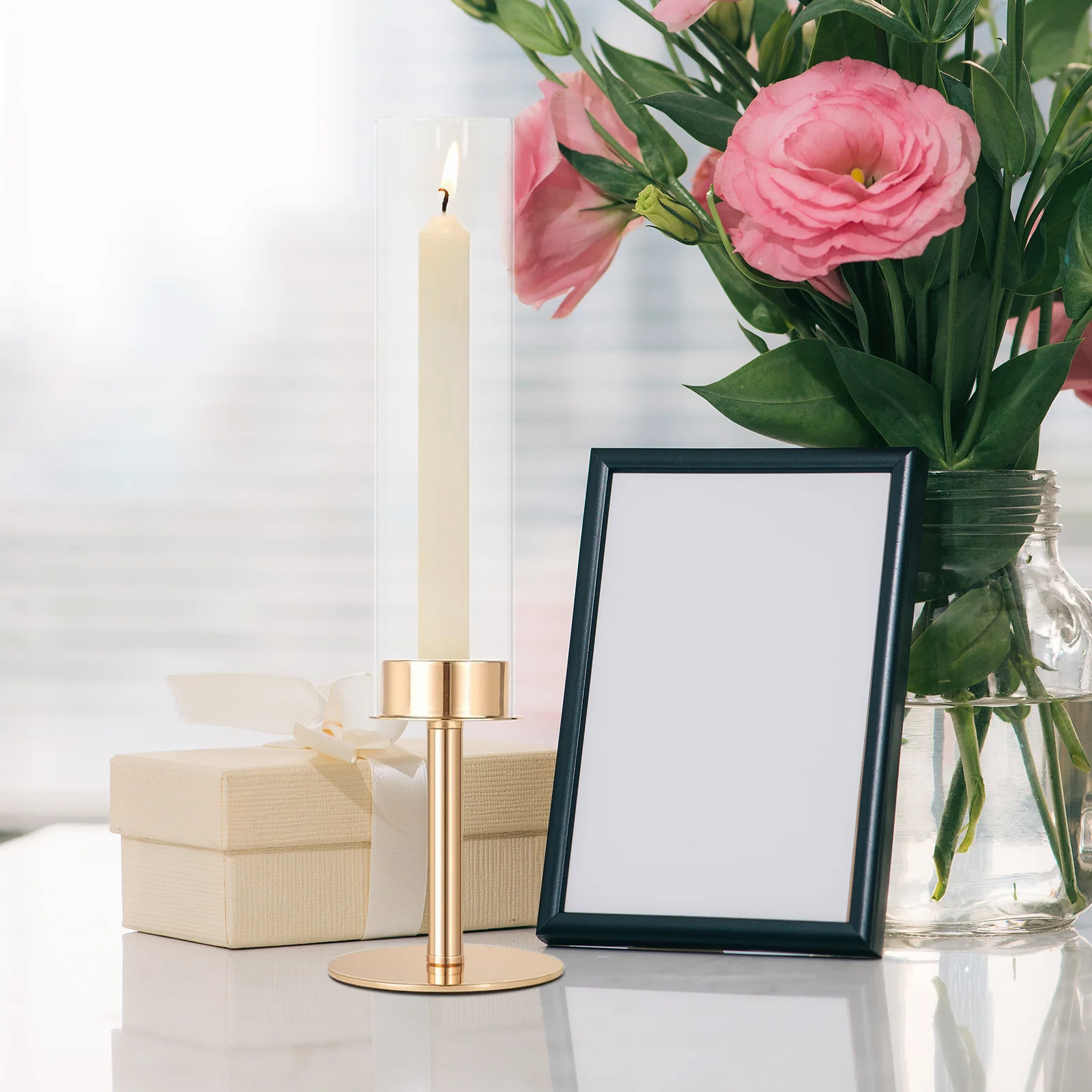 

3Pcs Glass Candlestick Holders Golden Metal Hurricane Cover Windproof Cylinder for Wedding Table Decor Dining Centerpiece Multi