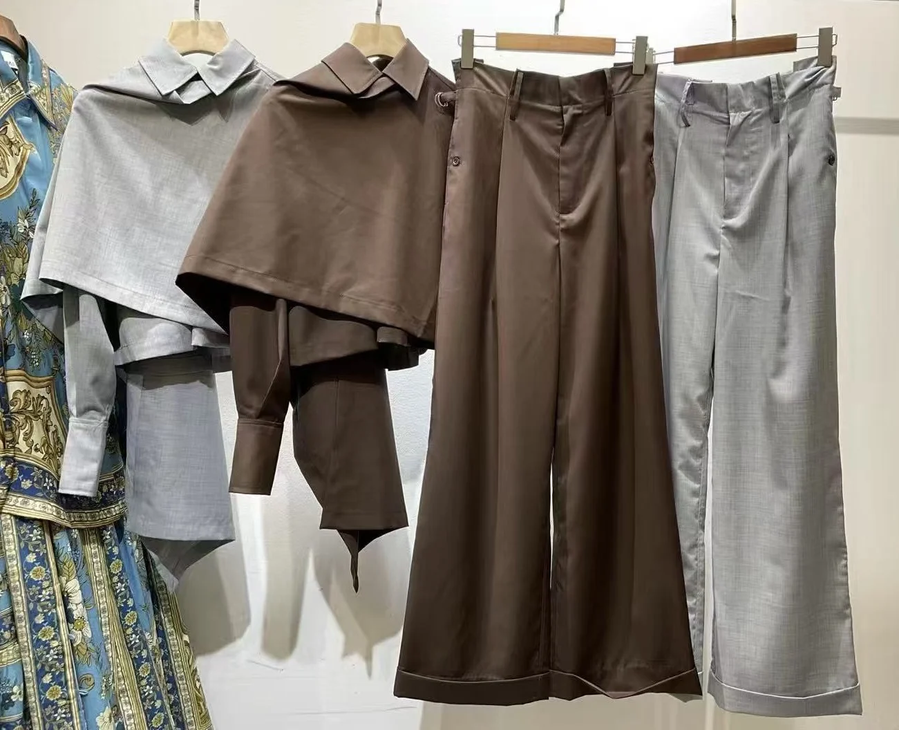 

Women Cloak Style Polo Collar Stacked Irregular Shirt Top+ Long Straight Pants Set