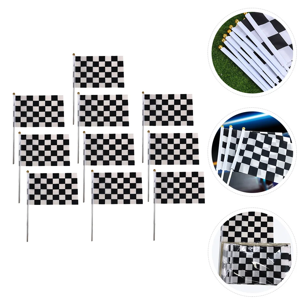 

10pcs Racing Flag Checkered Handheld Flags For Events Party Black White Polyester Waving Flag Sports Cheers Grid Signal
