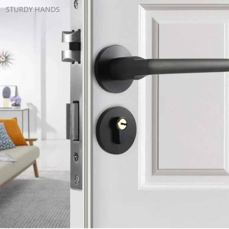 1set of Stainless Steel Handle Room Door Lock Universal Type Solid Wood Bedroom Door Black Door Handle Silent Lock Including Key