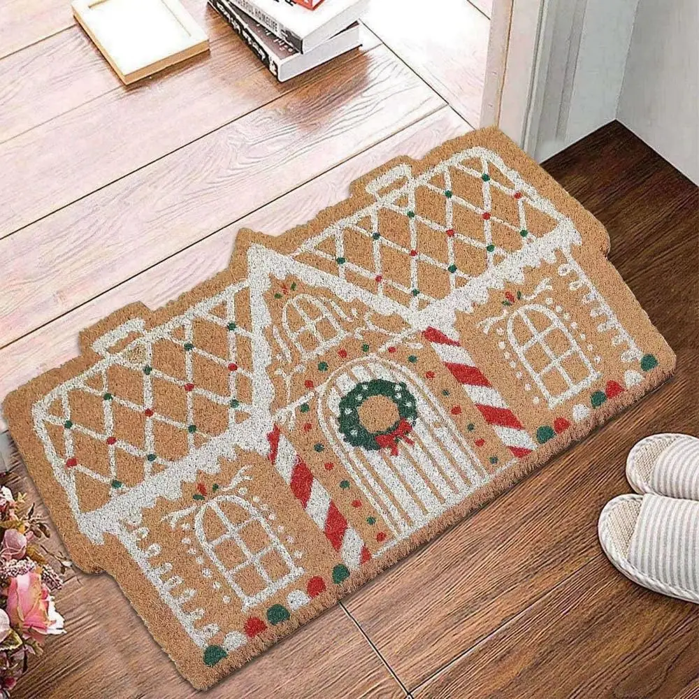 Fashion Cartoon Christmas Carpet Non-Slip Palace Shaped Christmas Floor Mat Gingerbread House Kitchen Rug Christmas Decoration