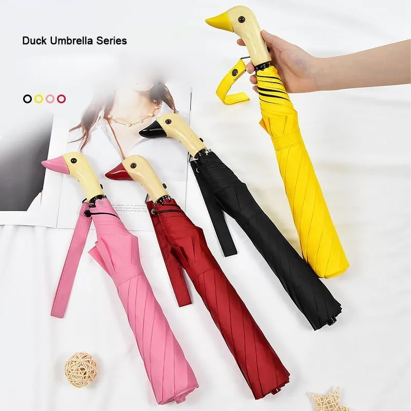 

Double Fold Automatic Duck Head Style Handle Umbrella Strong Black Rubber Sunscreen Umbrella No Rubber Dual-use Umbrella ZG937
