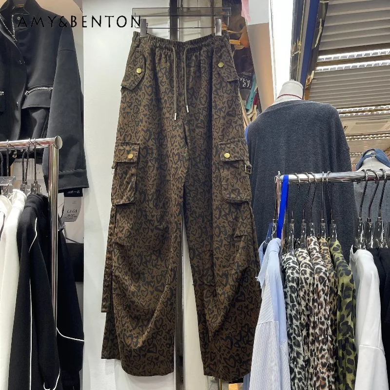 

American Style Girl Heart Leopard Print Multi-Pocket Cargo Pants Autumn Winter New Casual Straight Wide-Leg Long Trousers Female