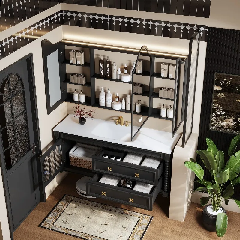 Modern Classical Spindle Black Gold Solid Wood Floating Double Sink Bathroom Vanity With Stone Basin Smart LED Mirror Cabinet