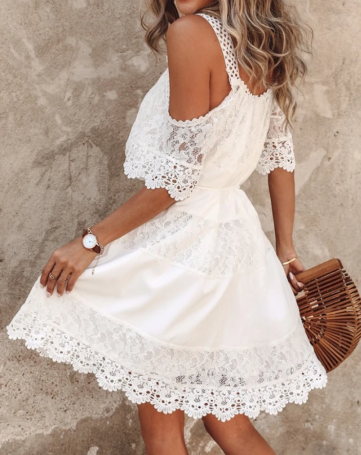 Vintage Lace Summer Dress Cold Shoulder Half Sleeve Loose Crochet Embroidery Lace Stitching A Line Mini Dress Female Clothing