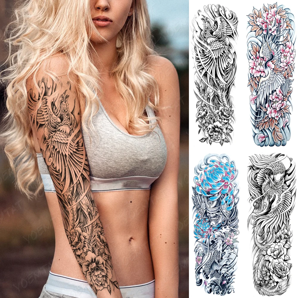 Large Full Arm Sleeves Phoenix Peony Crane Waterproof Temporary Tattoo Sticker Chinese Style Fake Tatoo Men Women Body Art Color