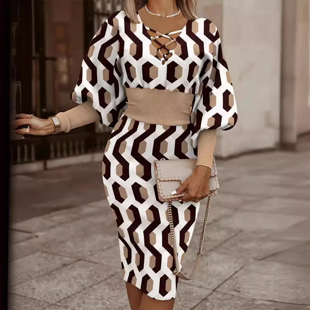 

2025 Spring Autumn Women Dresses Fashion New Geometric Print Lantern Sleeve Midi Y2k Casual Elegant Office Lady Streetwear Robe