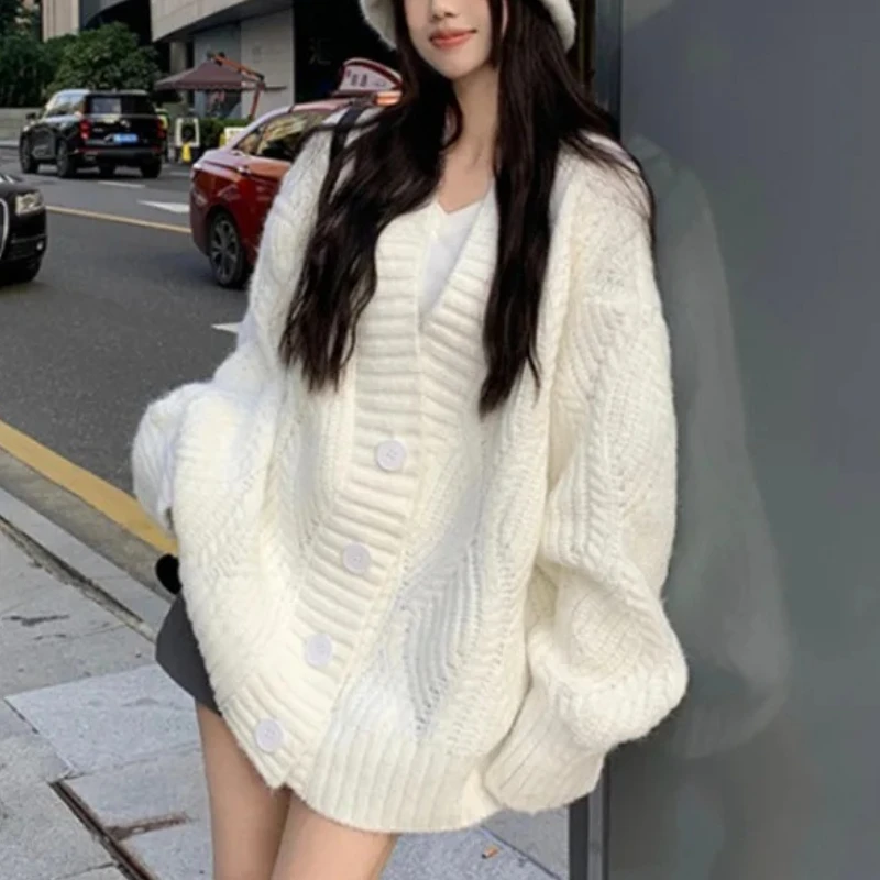 

Зимний женский однотонный свободный свитер с v-образным вырезом, осенний кардиган в корейском стиле, милый модный теплый элегантный вязаный новый