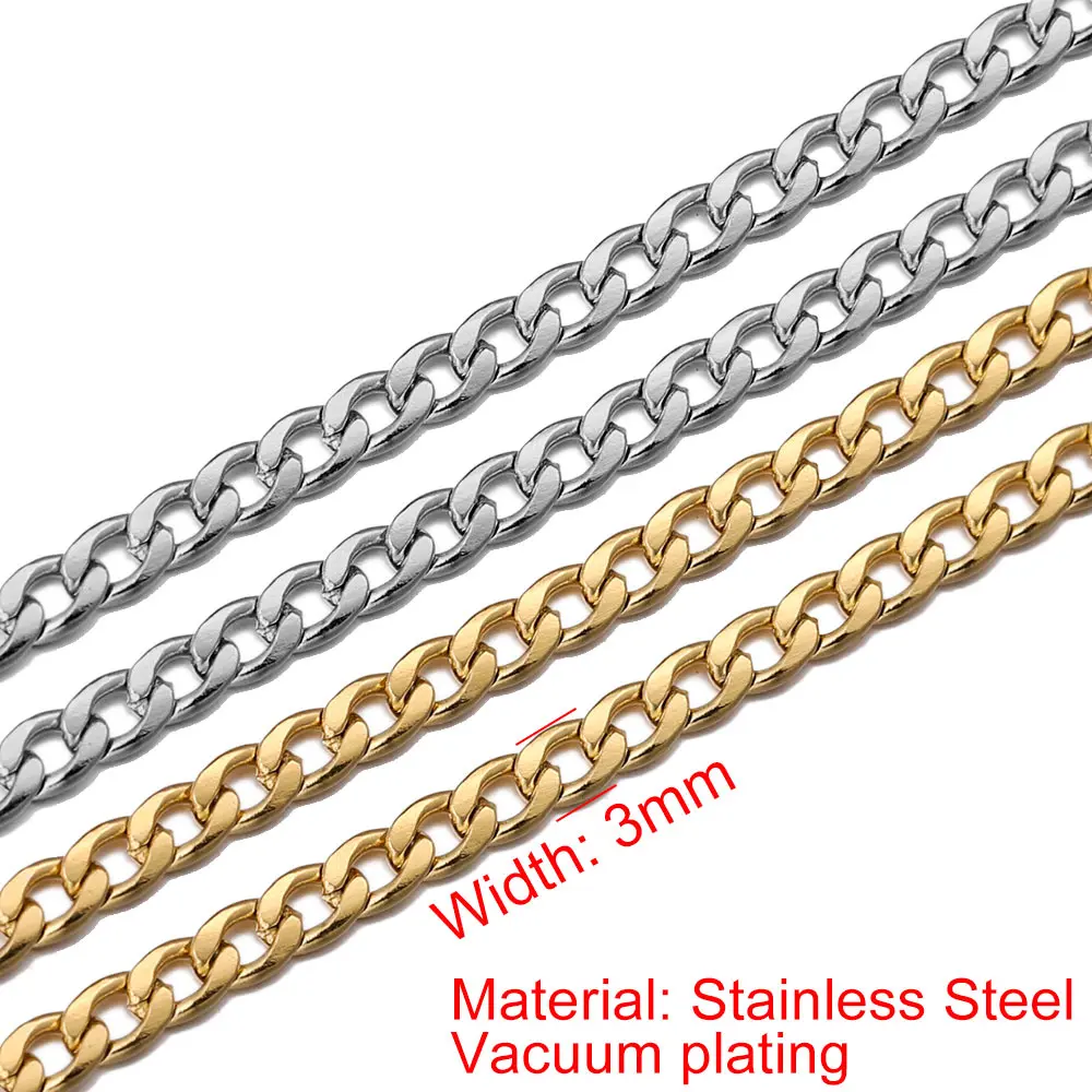 2M Width 3mm Filled Gold Curb Chain Roll Stainless Steel NK 1:1 Cuban Chains for DIY Necklace Bracelet Jewelry Making Supplies