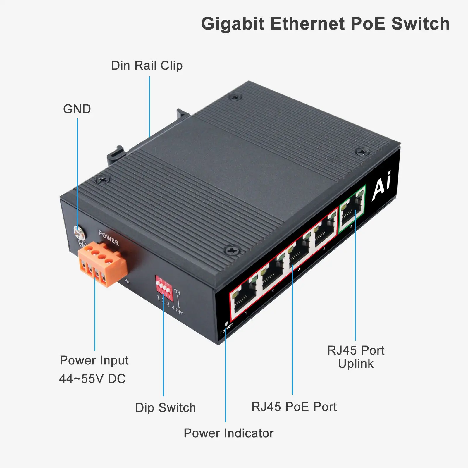 Industrial 5 Port Gigabit Ethernet Switch 4RJ45 + 1SFP Network PoE+ Switch Din-rail Mount 802.3af/at Din Rail Ethernet Switch