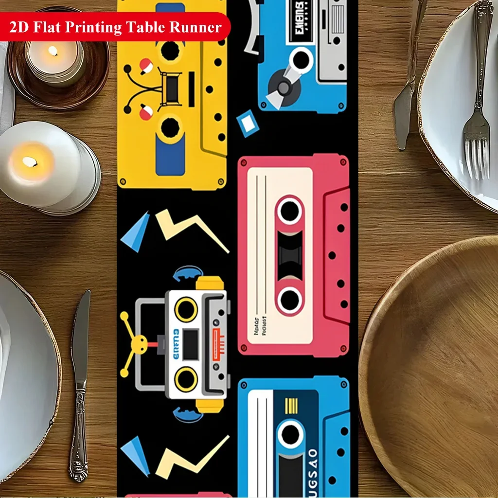 Retro Cassette Tape Table Runner 2DSingle Print Nostalgic Stylish Table Runner Home Dining Room Kitchen Party 80s 90s Vibe Decor