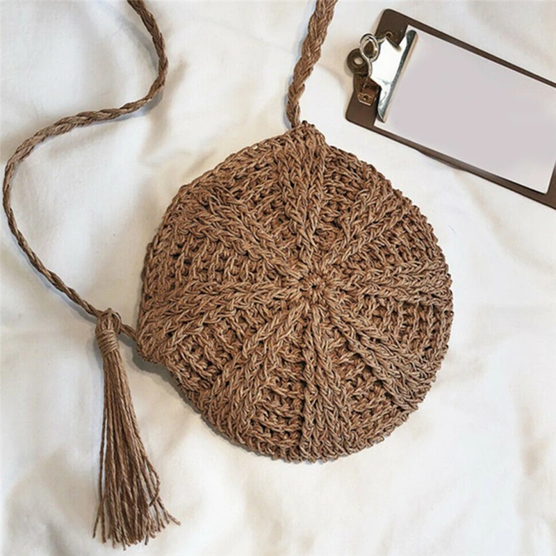 Casual Ladies Shoulder Bag New Street Round Rattan Wicker Woven Zipper Summer Beach Fashion Women Handbag