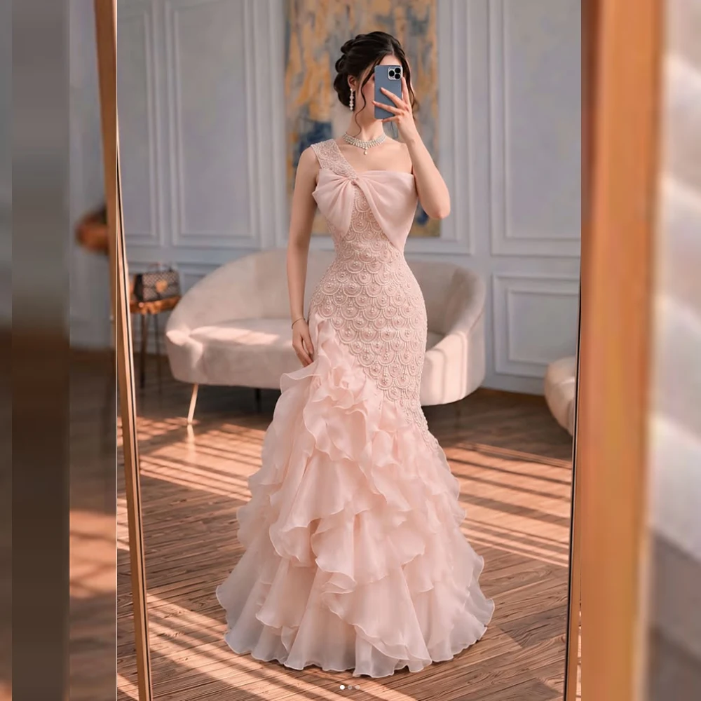 

Customized Luxury Nude Pink Mermaid Gown - Beaded & Ruffled One Shoulder Formal Dress for Weddings