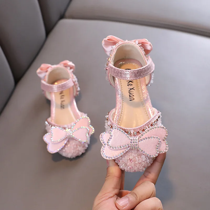 Little Girl Rhinestone Bow Sandals Fashion Kids Cute Pearl Princess Dance Single Shoes Children\'s Party Wedding Sandals J46