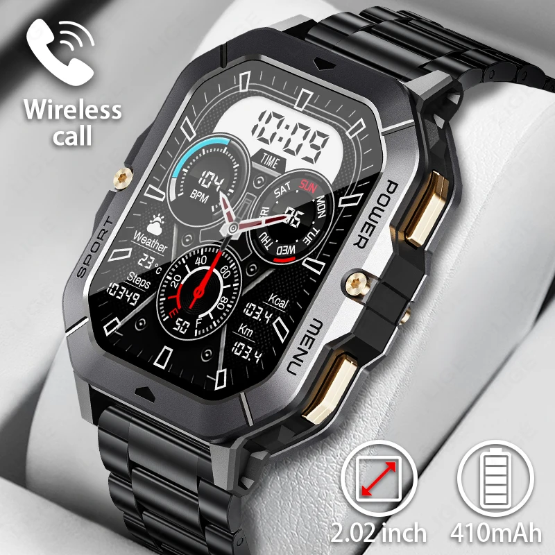 

LIGE New Ruggle military 2.02”HD Screen Smart Watch Men 410mAh Large Capacity Battery 1ATM Sports Health Monitor Men Smartwatch
