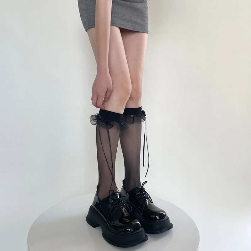 Summer Hollows Ribbed Stocking Ballet Bows Tie Knee Length Long Stocking