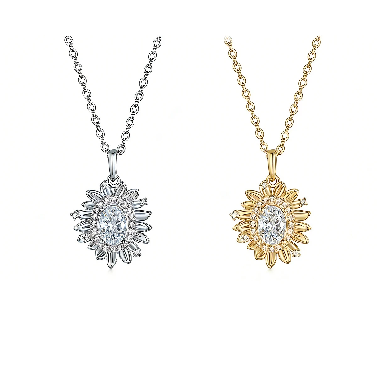 S925 Silver Plated 18K Gold Egg-shaped Moissanite Diamond Sunflower Necklace Main Stone 5*7mm/0.8ct