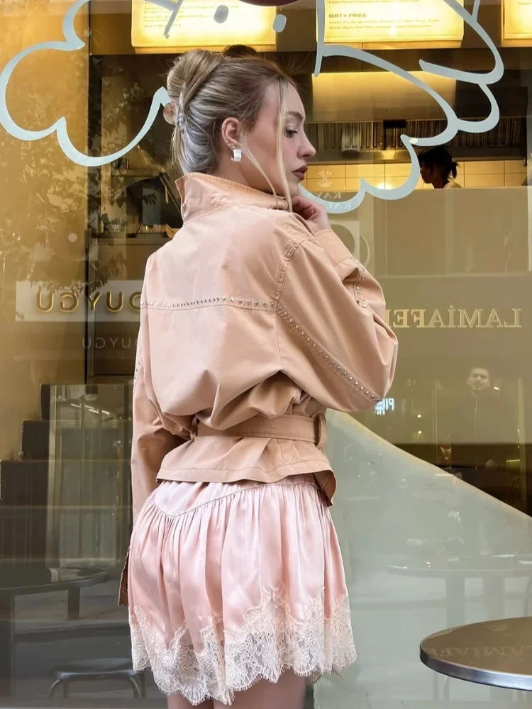 Stand Collar Zip Up Jacket Metal Rivet Decor Long Sleeve Self Belt Waist Cinched Cropped Casual Windbreaker Outerwear 20260602