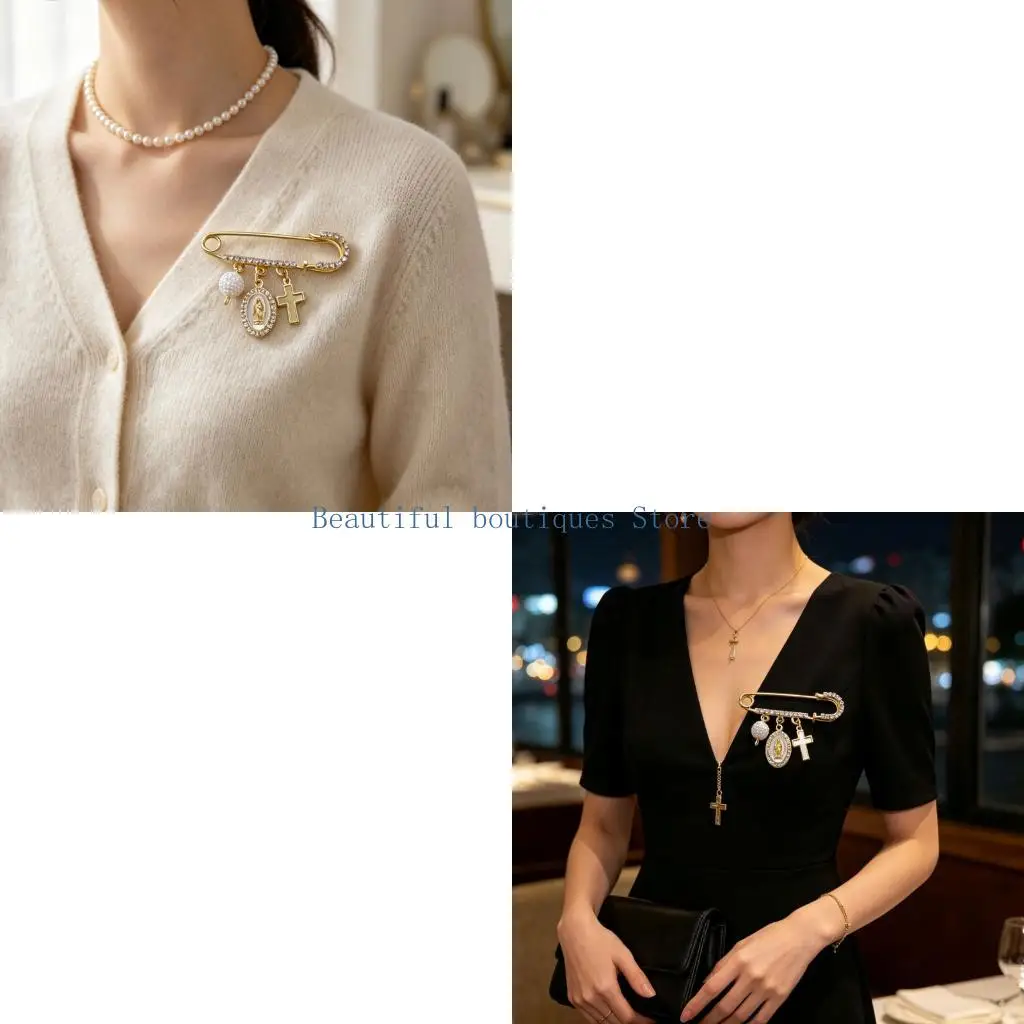 U4LF Garment Closure Brooch Pins with Open-and-Close Safety Pin Structure, Gold-Plated Finish, and Multiple Ornaments for