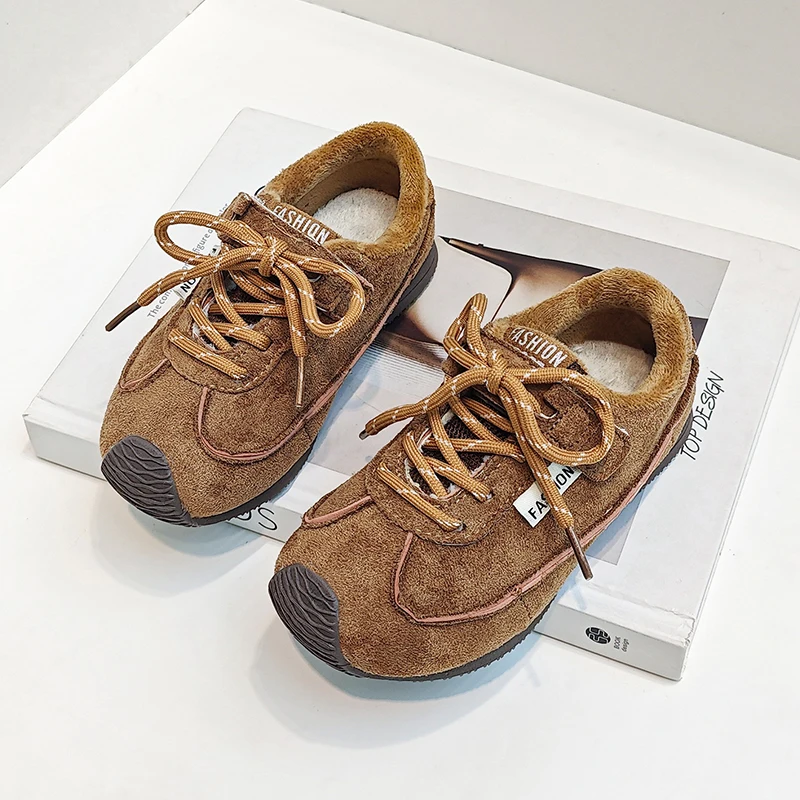 

New Kids Winter Shoes Fashion Camel Coffee Outdoor Non-slip Boys Girls Warm Plush Shoes Hook Loop Children's Causal Cotton Shoes