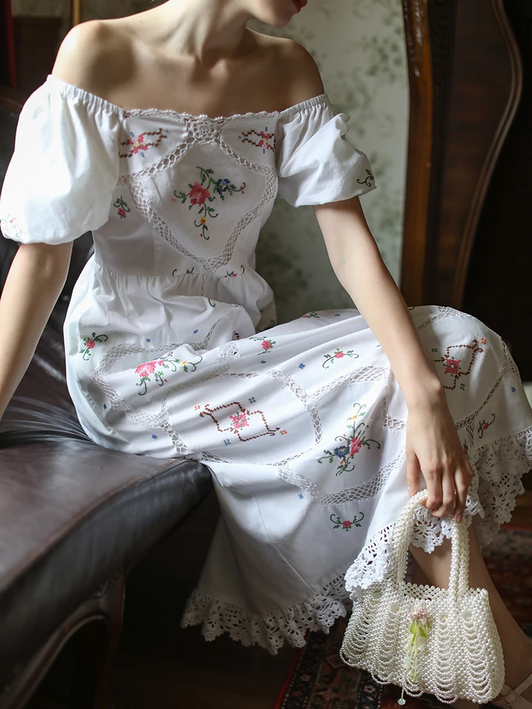 84-94cm Bust Summer White Dress For Women Antique Handmade Cross Hook Flower Embroidery Limited Edition Elegant Birthday Dress