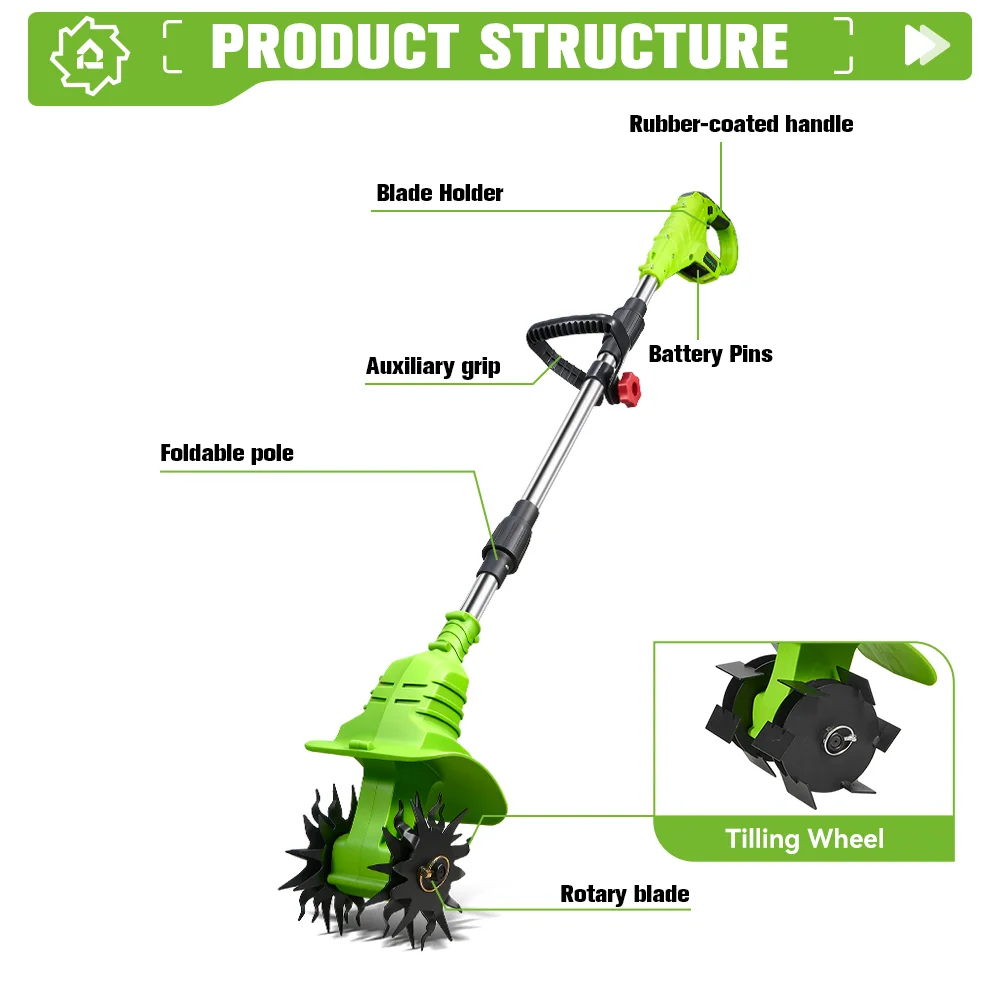 ONEGREEN 1200W 2 IN1 Electric Cultivator Foldable Cordless Garden Soli Farming Trimmer Power Tool For Makita 18V Battery Pin