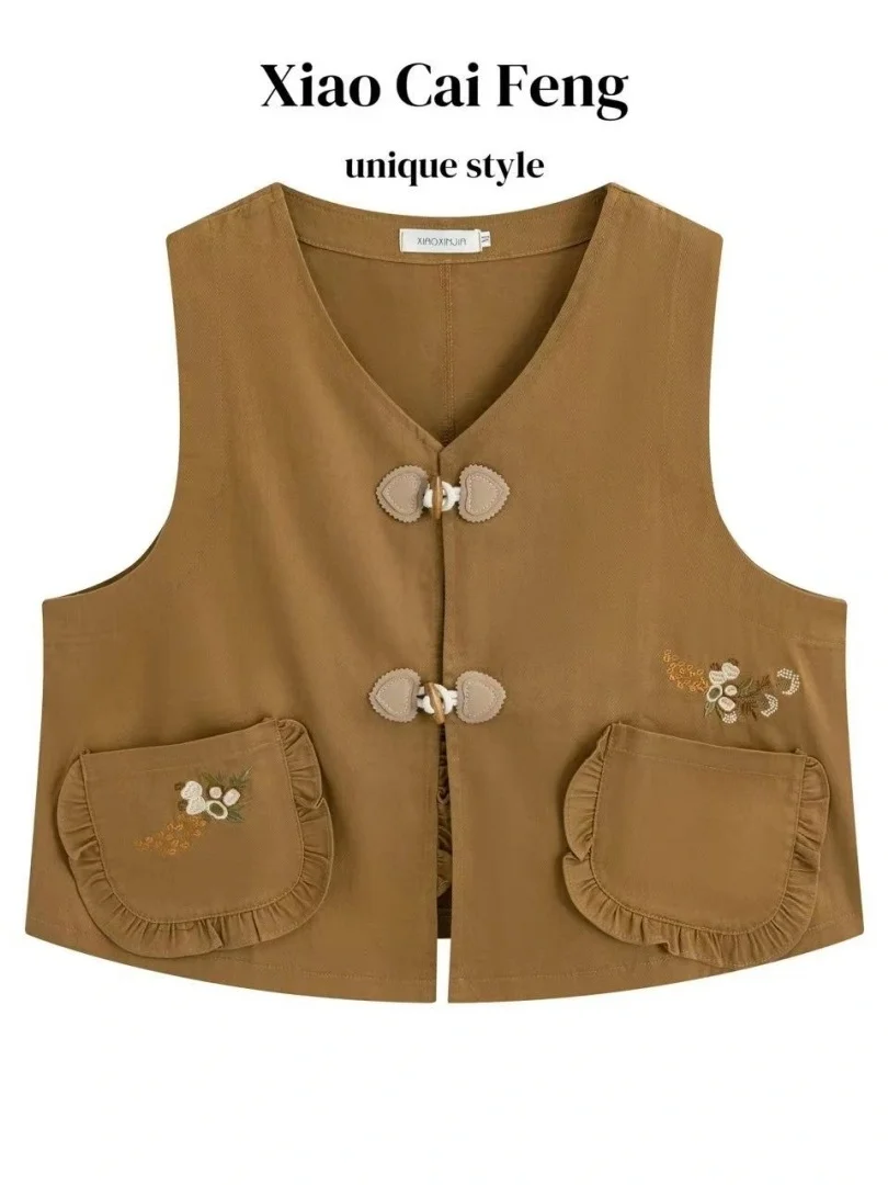 Retro Simple Cotton Embroidered Women's Vest Summer Lightweight V-Neck Loose Fit Multi-Pocket Outerwear Fashionable Layering Top