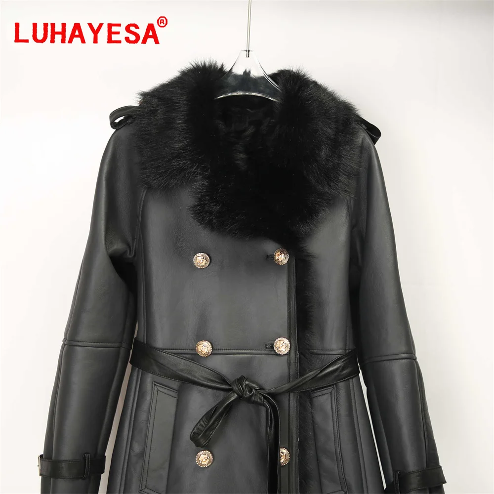 2024 Spain Tuscany Lamb Shearling Fur Coat Women Black Slim Extra Long Double Breasted Real Fur Clothing