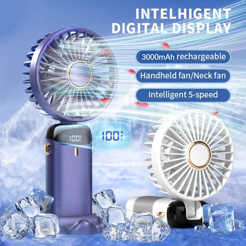 5 Speed 10Hrs Lasting 3000mAh Portable Handable Mini Fan Neck Hanging Fans USB Recharge Fan with Phone Stand and Display Screen