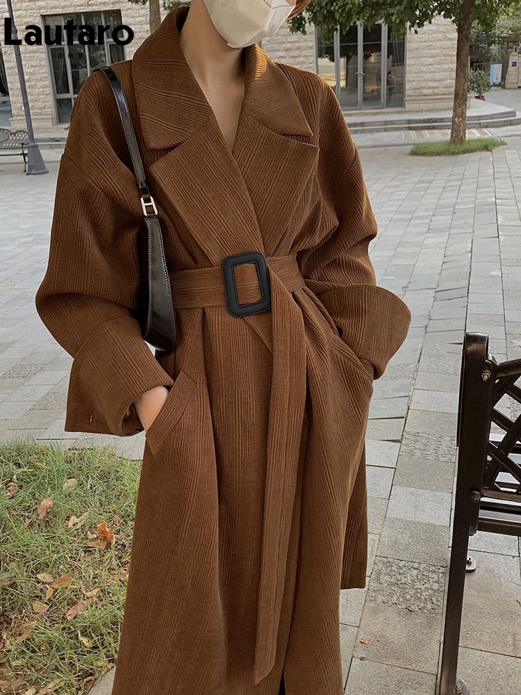 Lautaro-Oversized Trench Coat for Women, Long, Brown, Black Striped, Belt, Luxury Designer Clothes, Runway Fashion, Spring