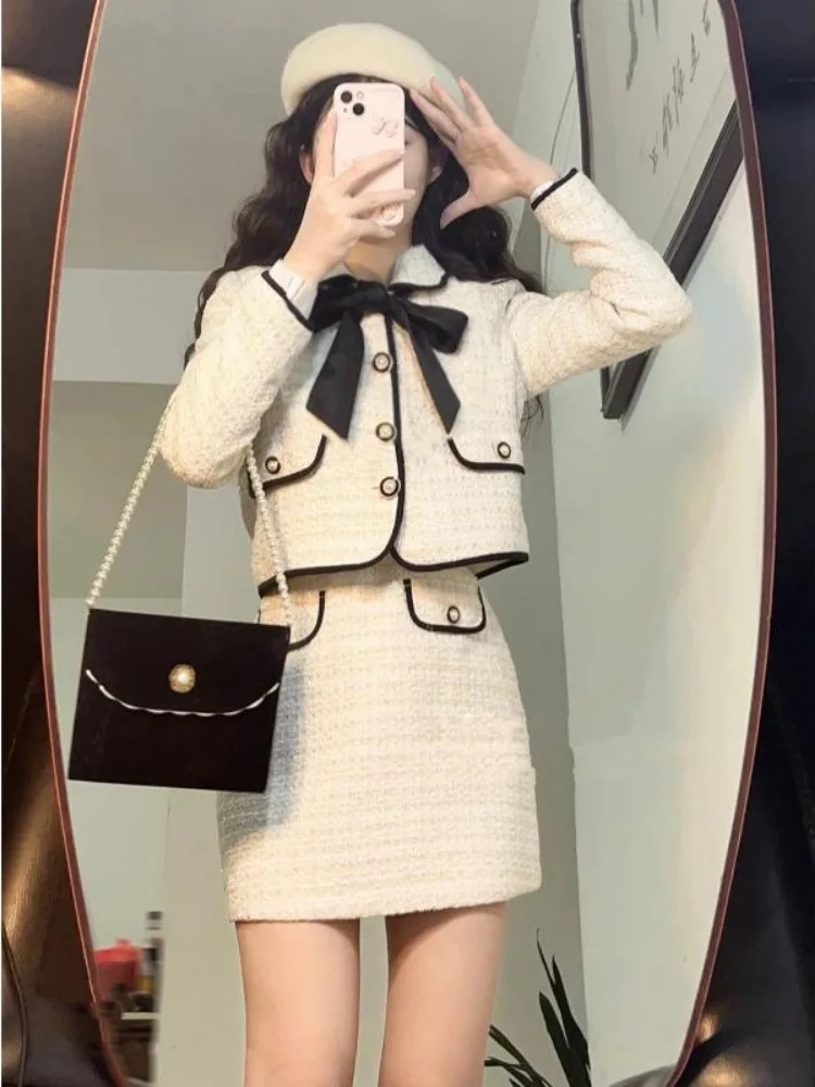 Temperament Outfits Fashion 2 Piece Sets Women Cropped Jackets High Waist button Mini Skirt Suit Korean Elegant Set Y2k Clothes