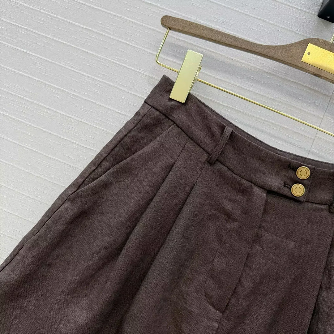 2026 New Summer Vintage Solid Color 100% Linen Shorts Women Metal Button High Waist Pleated Roll-up Casual Shorts