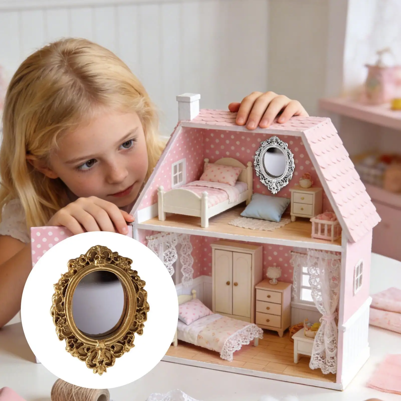Puppenhaus-Miniatur Vintage-Spiegel aus Kunstharz für DIY-Puppenhaus-Szenen Schlafzimmer Wohnzimmer Deko Mini-Zubehör