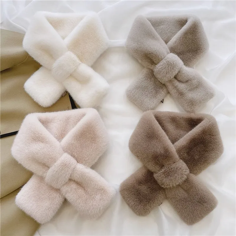 Winter Warm Thicken Scarfs for Women Solid Color Faux Rabbit Fur Plush Cross Collar Scarf Shawl Elegant Warm Soft Neck Scarf