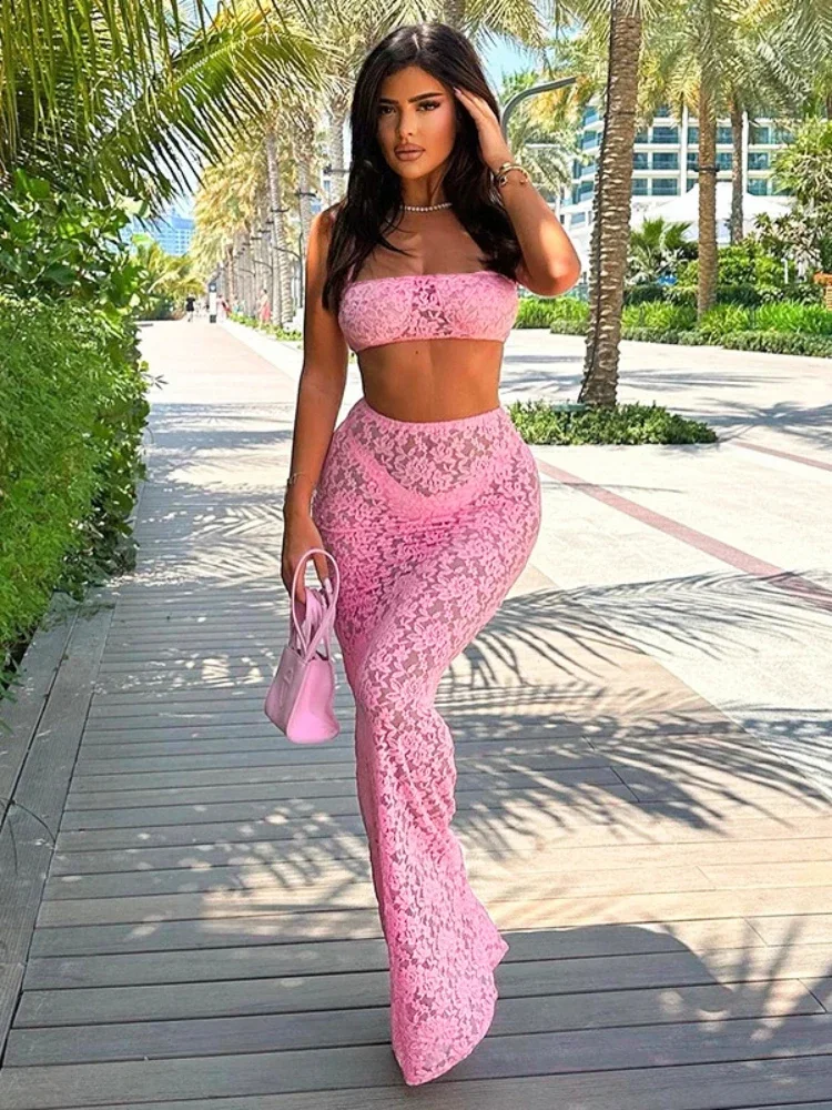 Ueteey Summer Women Overknee Sexy Lace Two Piece Set Girl Solid Embroidered Strapless Tube+Hip Skirt Elegant Outfits