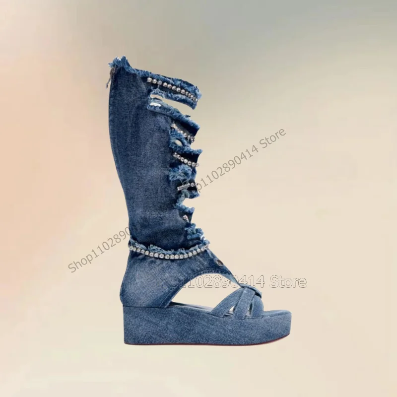 Blue Denim Crystal Decor Ruffles Design Sandals Boots Back Zipper Women Shoes High Top Open Toe Fashion 2024 Zapatos Para Mujere