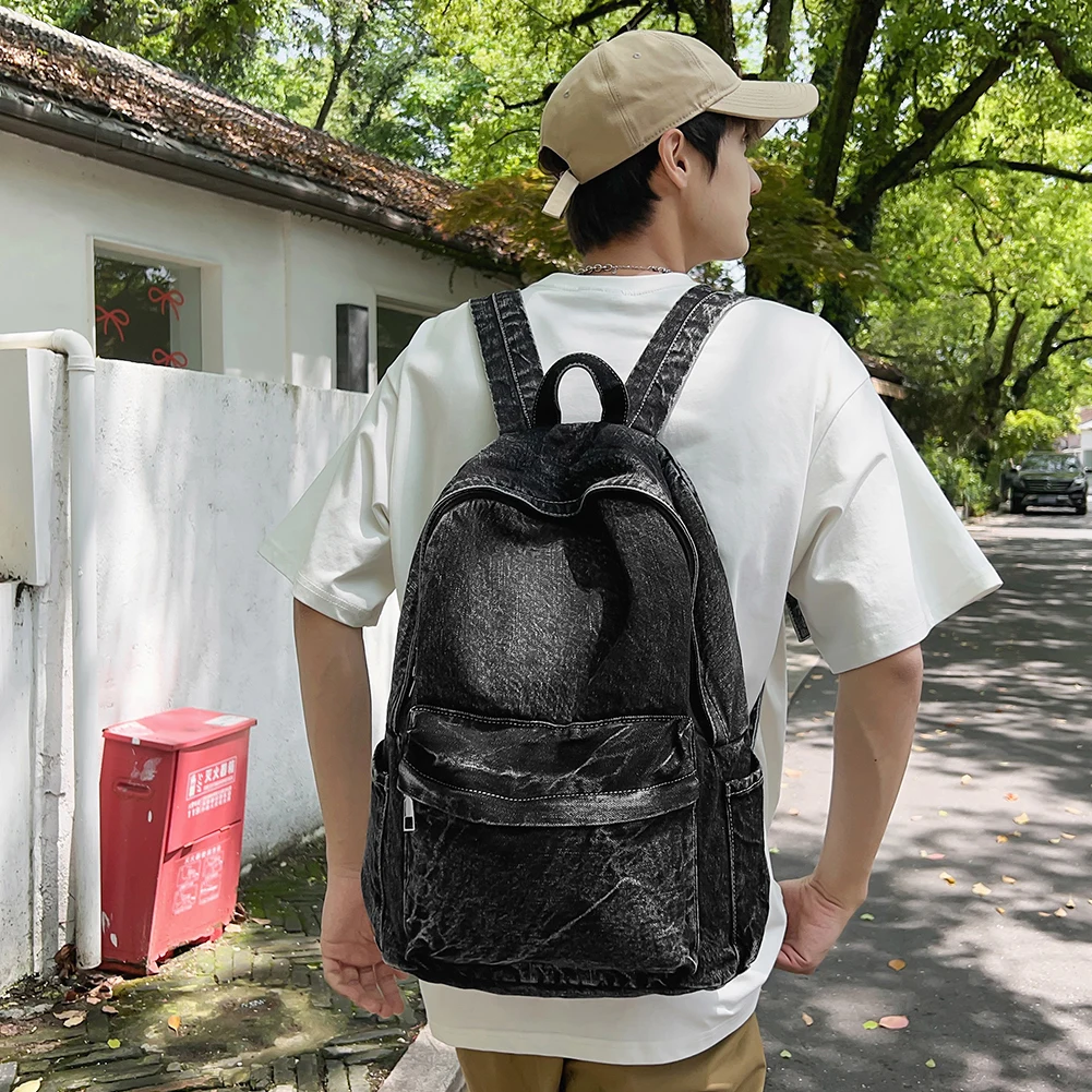 

Рюкзак для женщин и мужчин, сумка через плечо с несколькими карманами, джинсовый рюкзак на молнии в стиле ретро, однотонный рюкзак для путешествий и спортзала