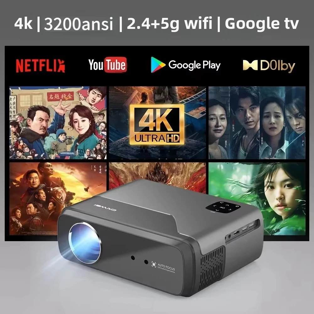 

Портативный проектор Google TV Android 4K с автофокусом, Wi-Fi 2.4G+5G, 3200 ANSI люмен, NFC, TOF, для домашнего кинотеатра и использования на улице